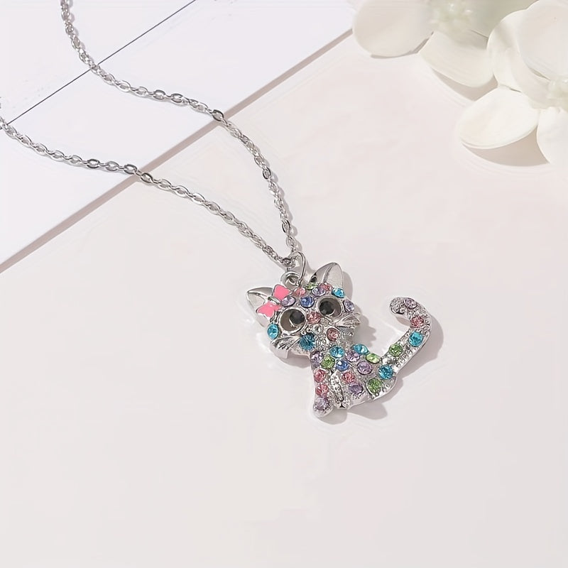 Colorful Rhinestone Cat Jewelry Set - Pendant Necklace & Earrings & Ring
