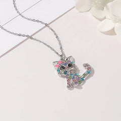 Colorful Rhinestone Cat Jewelry Set - Pendant Necklace & Earrings & Ring