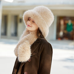 Winter Thick Warm Bucket Hat Scarf Set Plush Fisherman Fuzzy Fluffy Cap