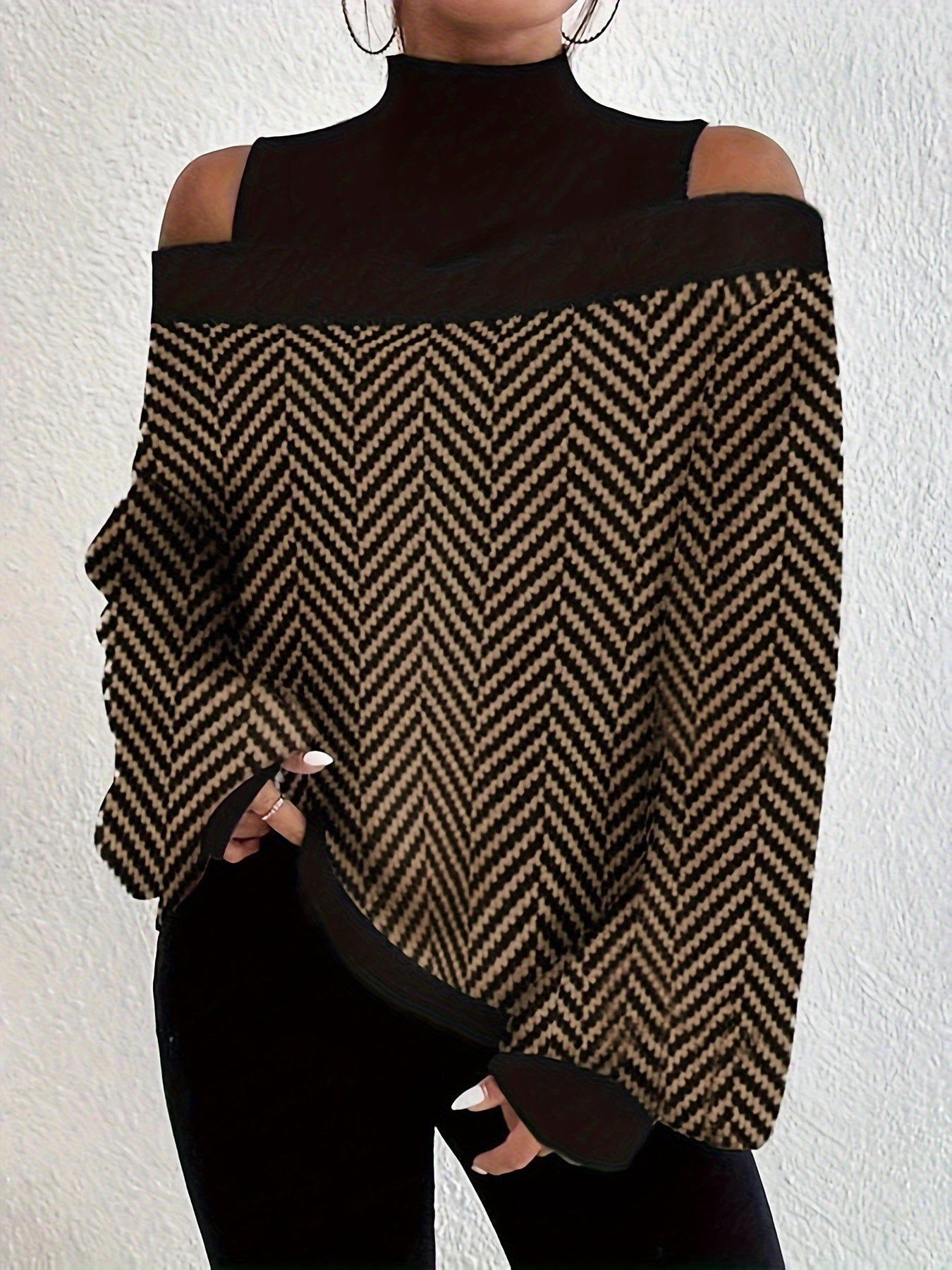  Colorblock Chevron Print Cold Shoulder Long Sleeve Jumpsuit