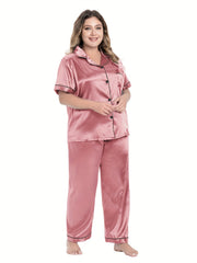  Satin Pajama Set Short Sleeve Button Up Shirt & Pants 2 Piece