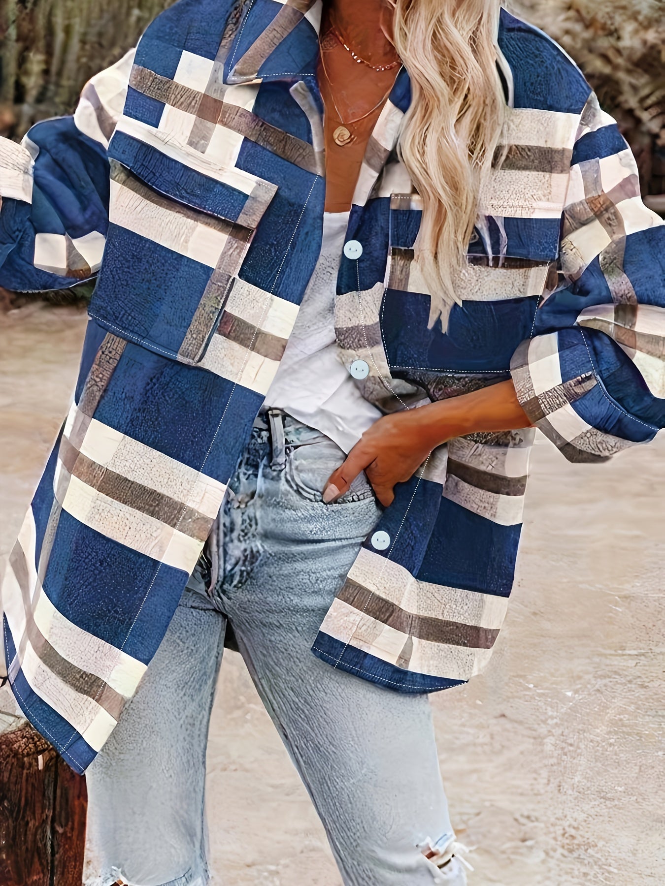  Plaid Print Button Up Long Sleeve Blouse