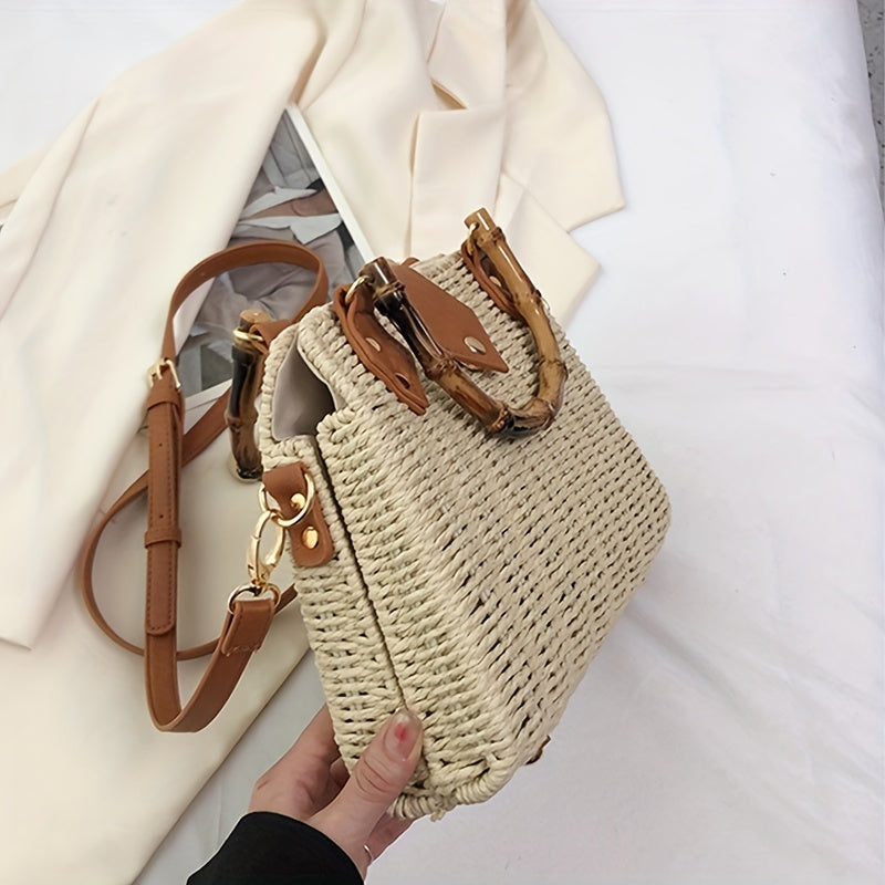 Straw Woven Crossbody Bag Bamboo Handle Satchel Purse