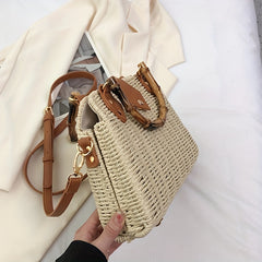 Straw Woven Crossbody Bag Bamboo Handle Satchel Purse
