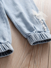 Girls' Lace Bow Beaded Casual Jeans For Street Kids