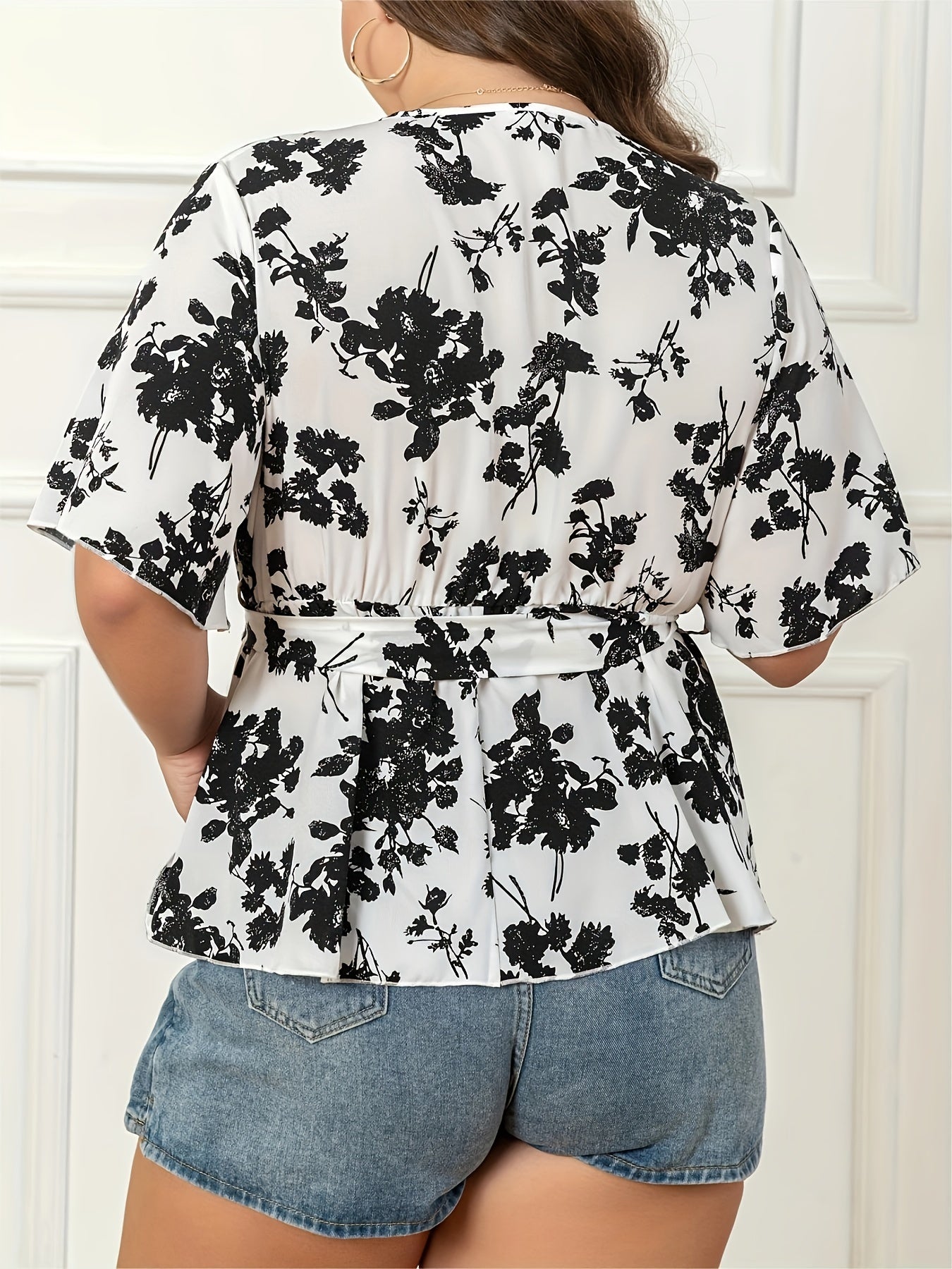 Floral Flutter Sleeve Peplum Blouse With Belt