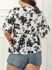Floral Flutter Sleeve Peplum Blouse With Belt
