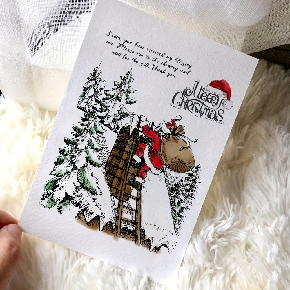 Christmas Greeting Clear Stamp - Santa Claus Roof Forest Rubber Stamps