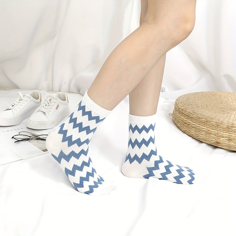 5 Pairs Plaid & Striped Print Socks Breathable Women's Mid Tube Stockings