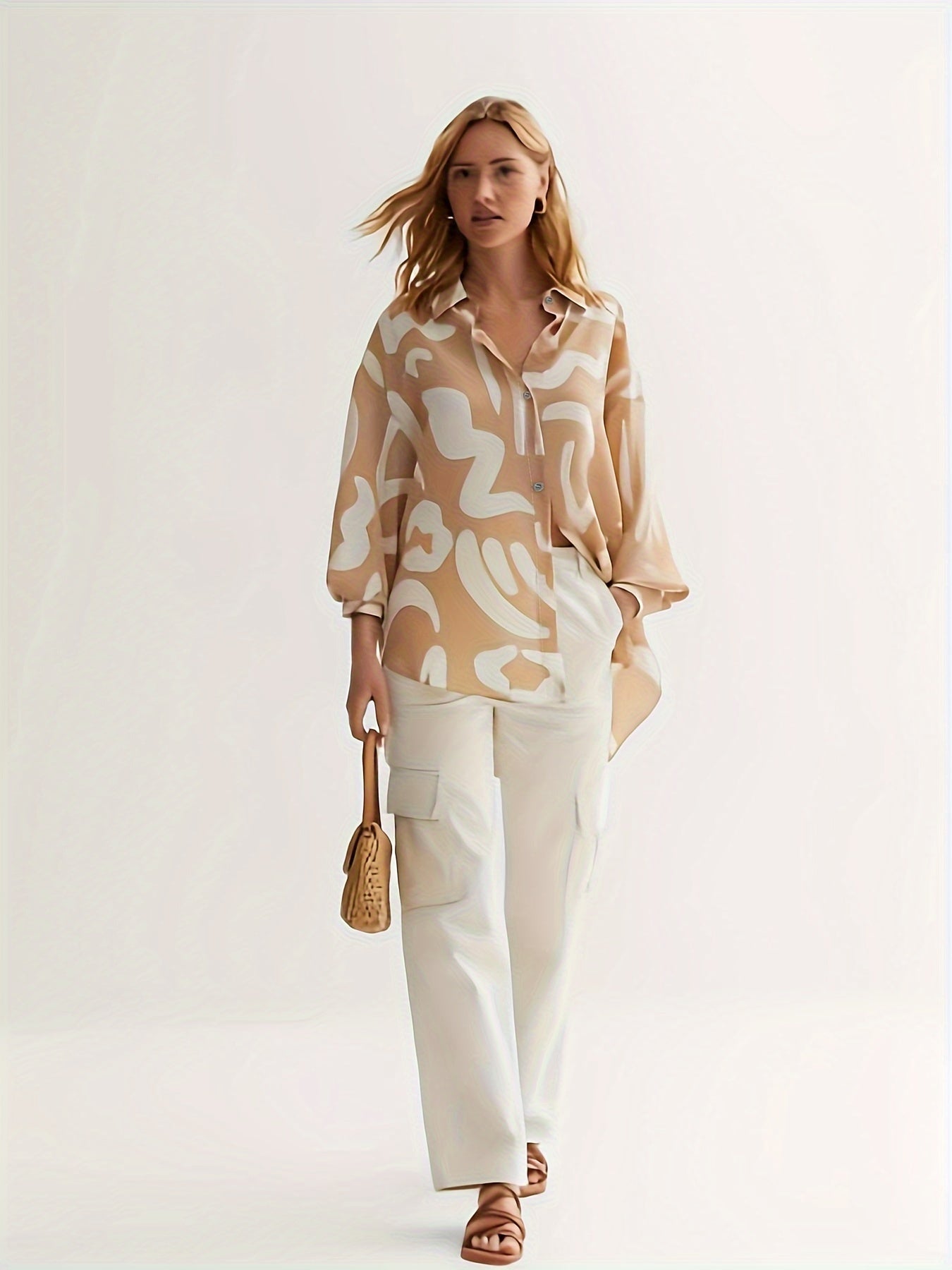 Graffiti Print Button Up Lantern Sleeve Blouse