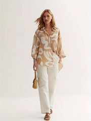  Graffiti Print Button Up Lantern Sleeve Blouse