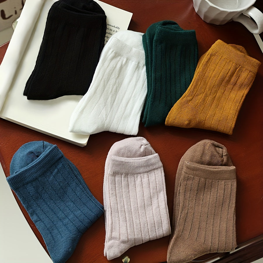 7 Pairs Solid Mid Tube Socks Women's Stockings