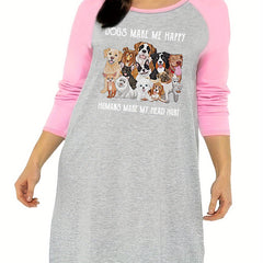  Nightdress Dogs Letter Graphic Sleep Dress Raglan Long Sleeve