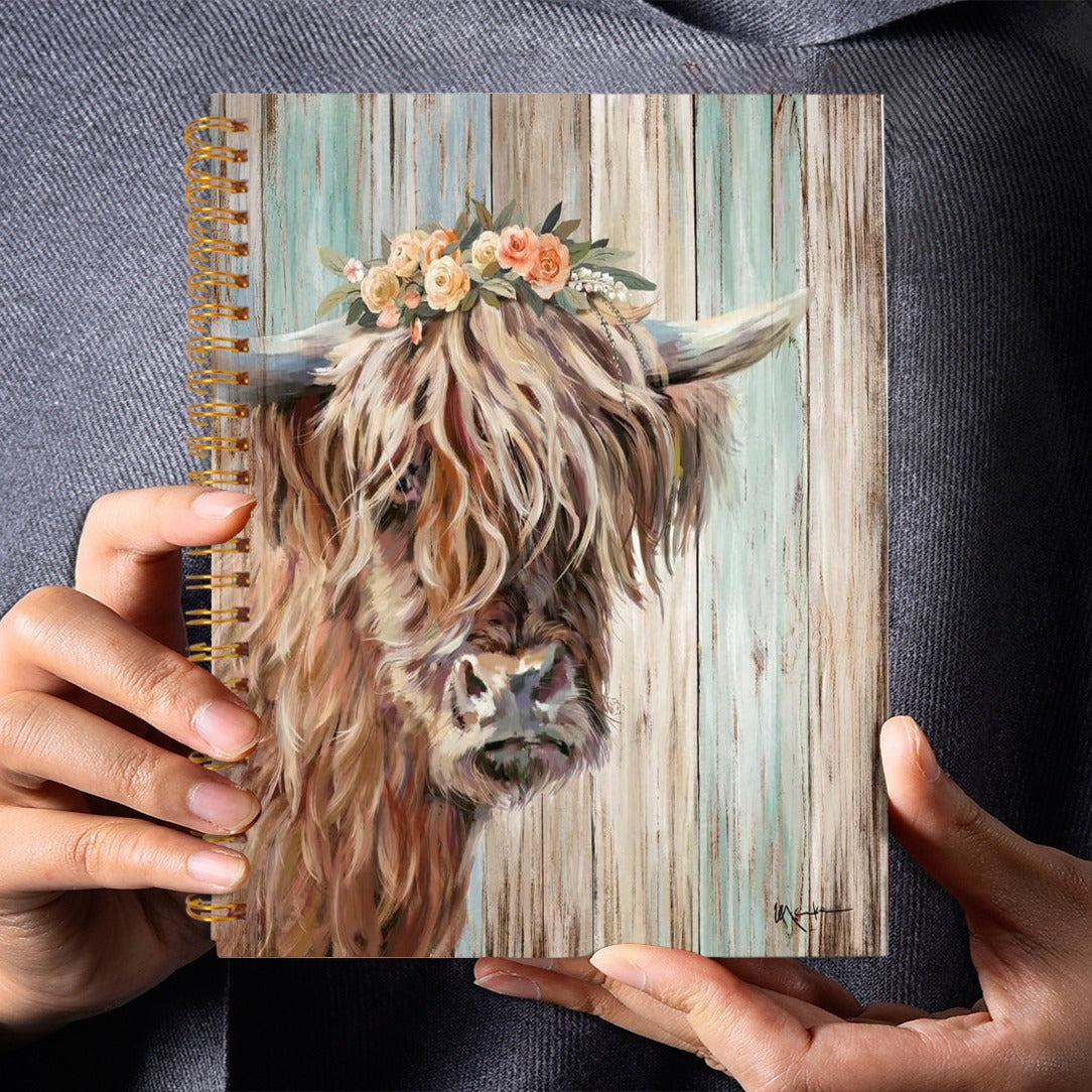 Highland Cow Notebook Rustic Wooden Background 13x21cm 50 Pages