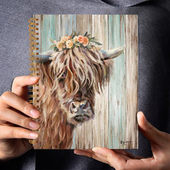 Highland Cow Notebook Rustic Wooden Background 13x21cm 50 Pages
