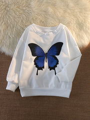 Girls Butterfly Print Pullover Round Neck Long Sleeve Loose Sweatshirt Top