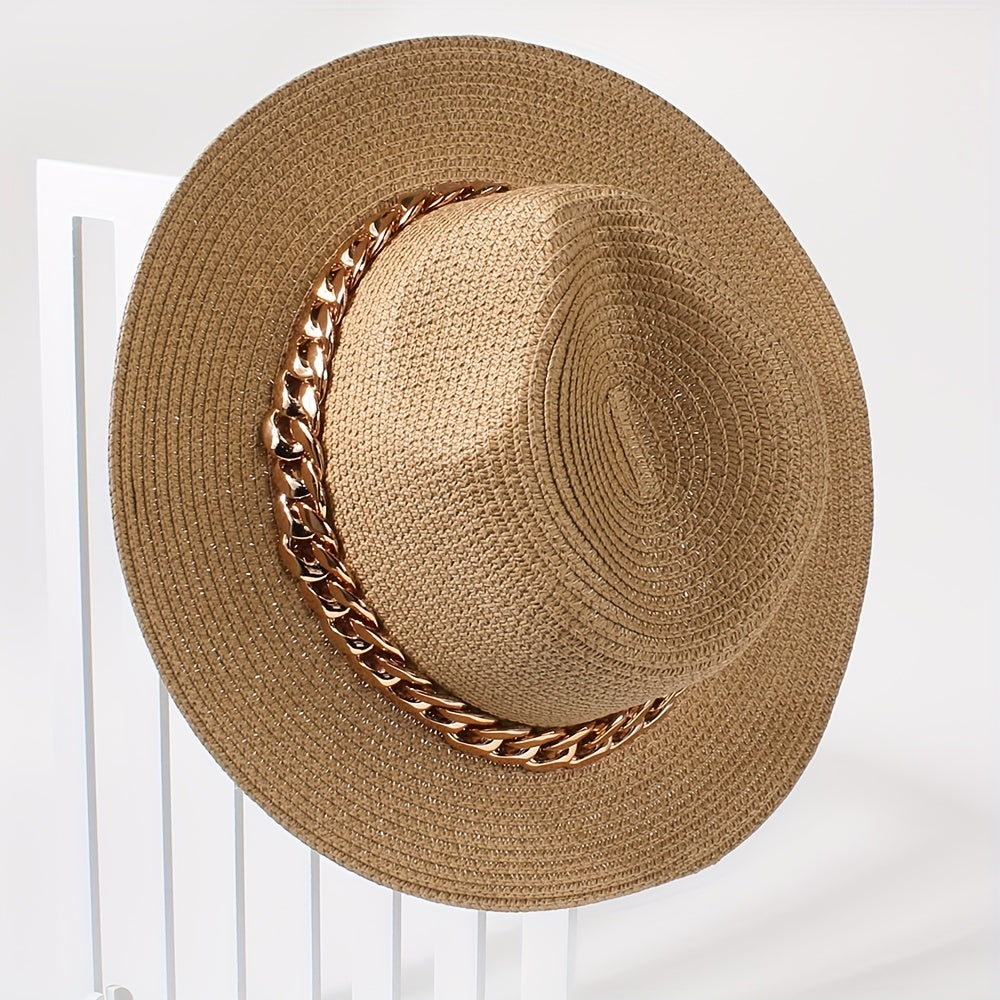 Golden Chain Decor Sun Hat Classic Coffee Jazz Fedora Cap