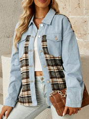 Patched Plaid Denim Jacket with Flap Pockets