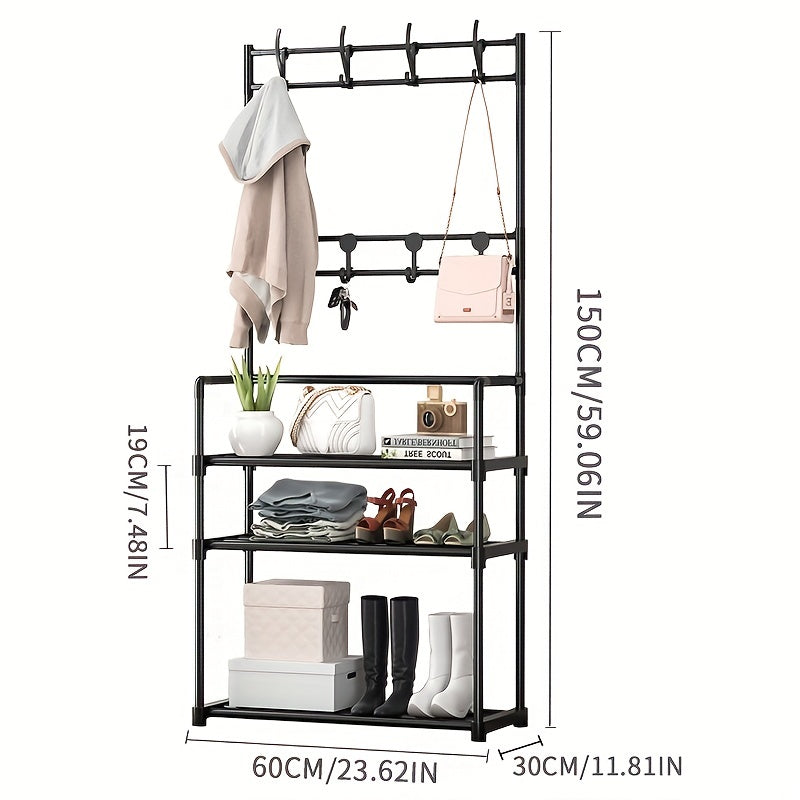 Entryway Coat and Shoe Rack with Hooks and Shelf