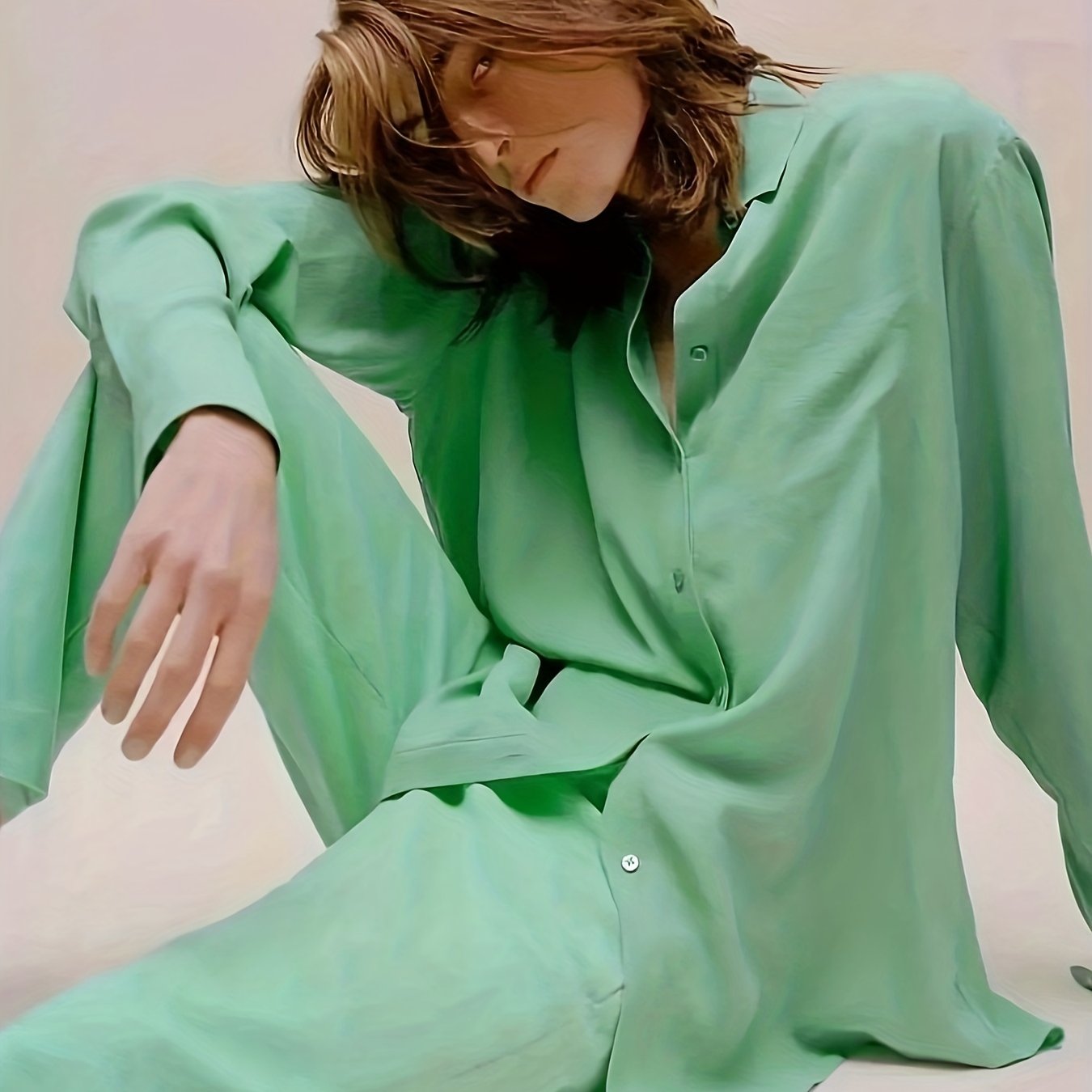  Solid Button Up Blouse & Pants Outfits 2 Piece Set