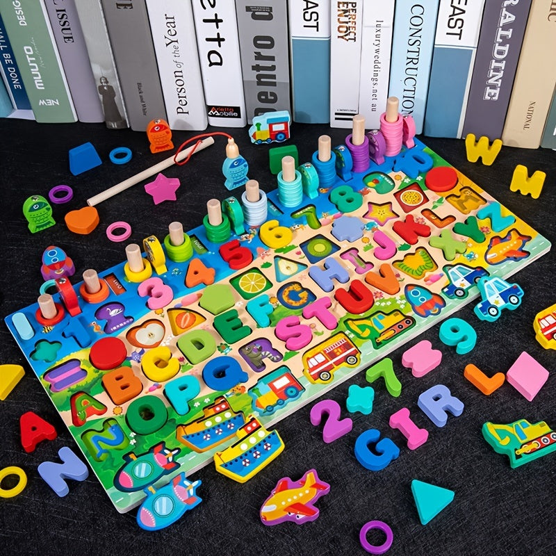Montessori Wooden Preschool Math Toy Traffic Fishing Busy Board