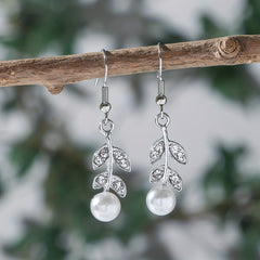 Silvery Leaf Rhinestone Faux Pearl Pendant Earrings Sexy Style