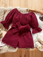 Toddler Off Shoulder Long Sleeve Romper with Wide Leg Pants
