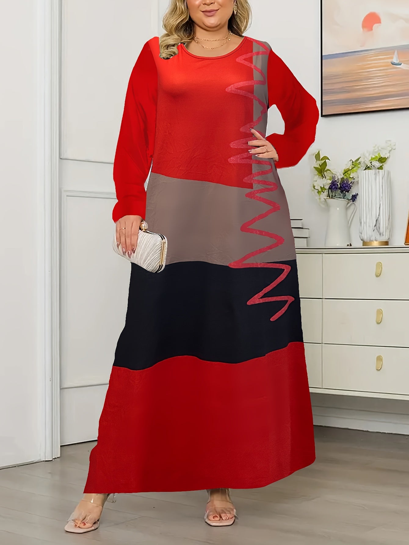  Colorblock Long Sleeve Maxi Dress