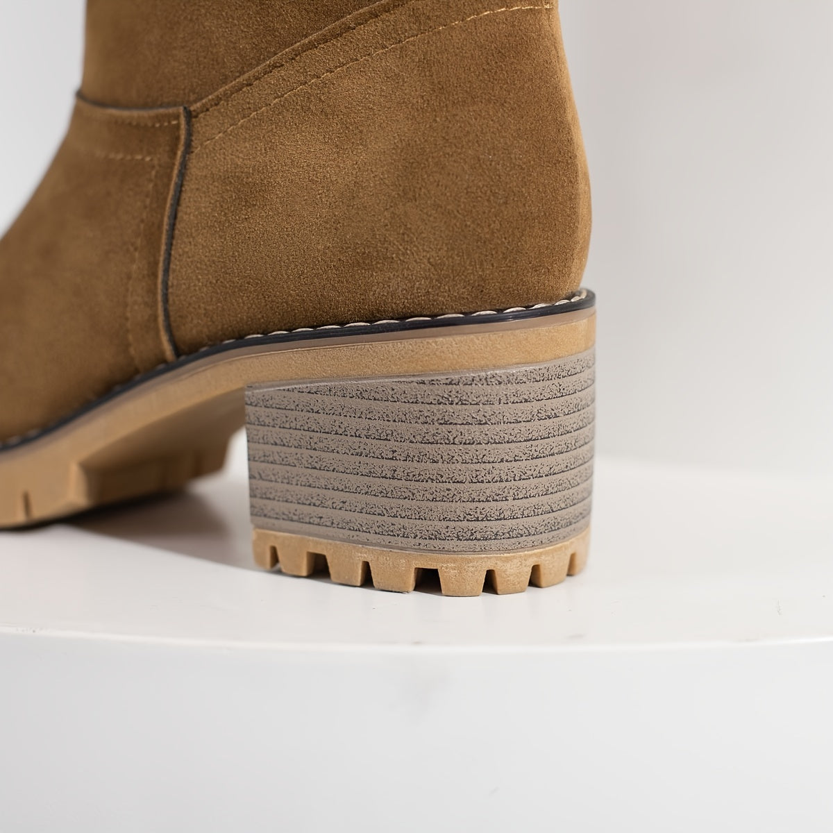 Women's Stacked Heel Mid Calf Snow Boots Plush Winter Slip On