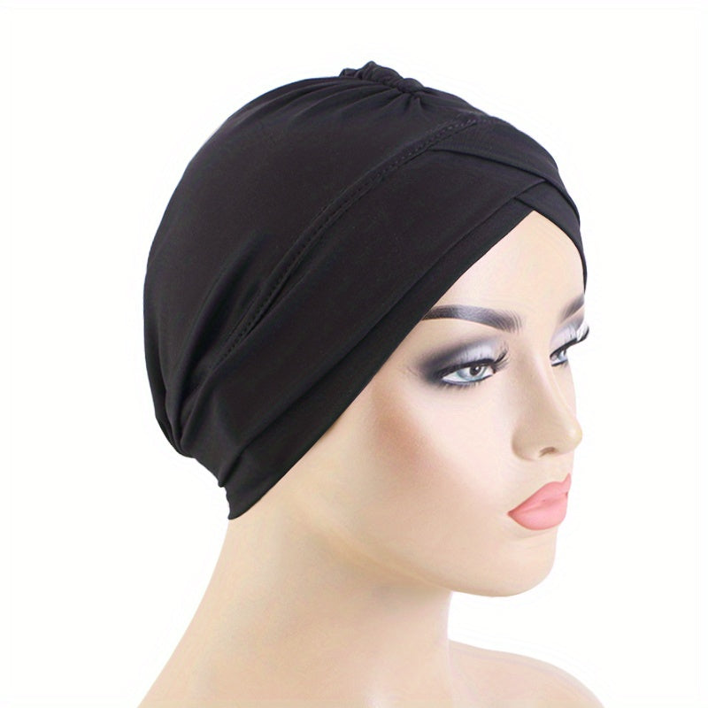 Double Cross Ruched Turban Hat Inner Cap Solid Head Wrap Stretchy
