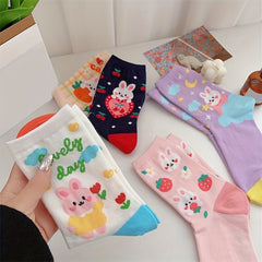 5 Pairs Cartoon Bunny Print Socks Cute & Comfy Women's Mid Tube Stockings