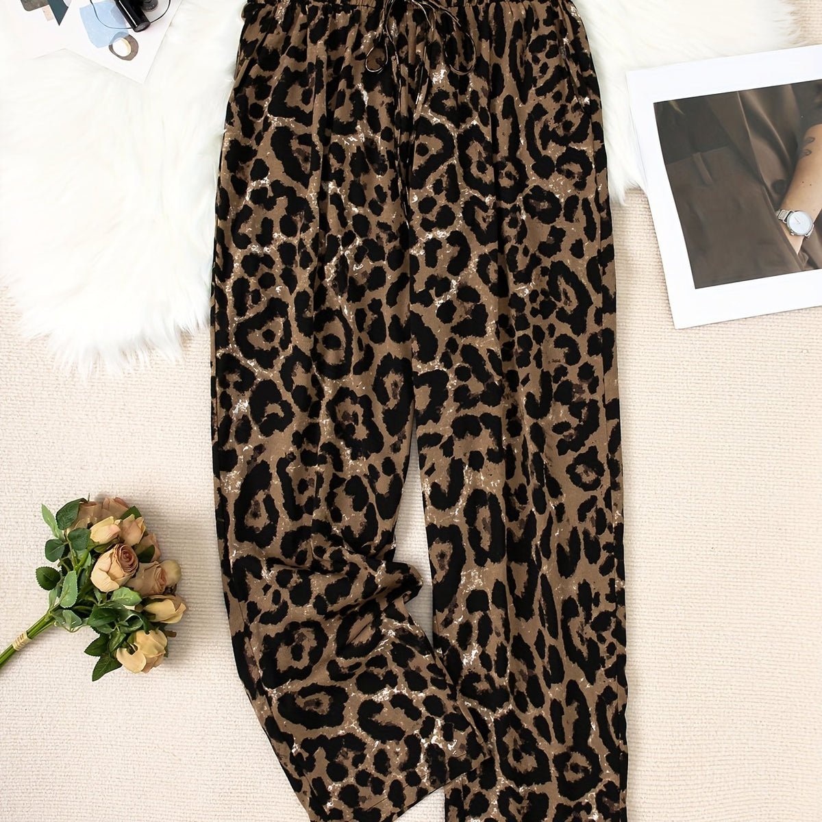  Leopard Print High Rise Wide Leg Pants
