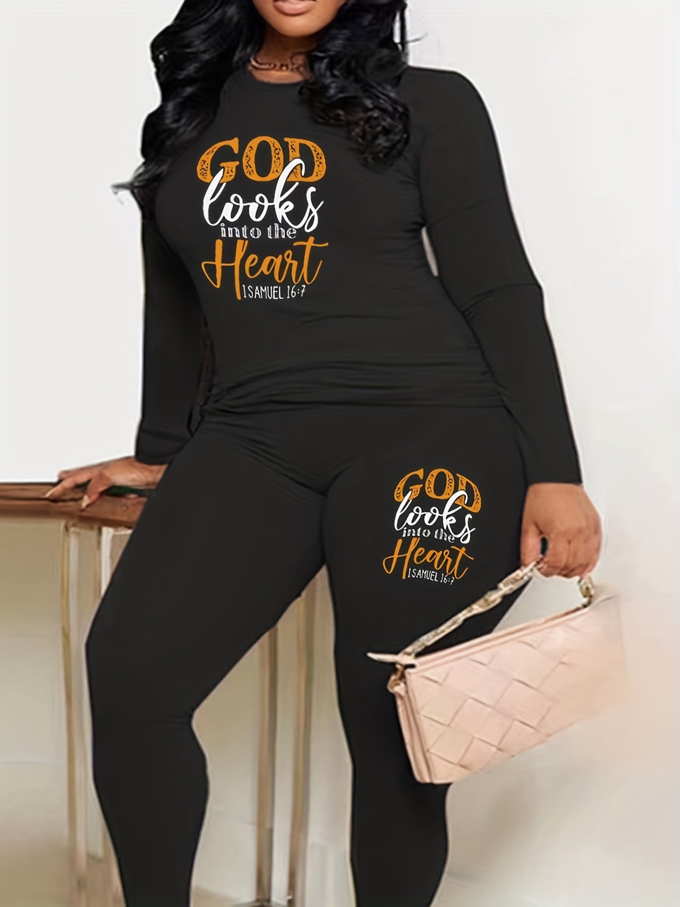 Women's Plus Slogan Print Top & Leggings Set
