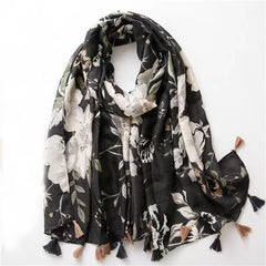 Flower Print Scarf Boho Tassel Shawl Outdoor Beach Travel Windproof Head Wrap