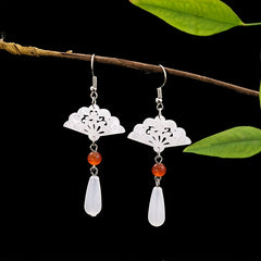 Vintage Hollow Fan Earrings, Jade Water Drop Antique Earrings