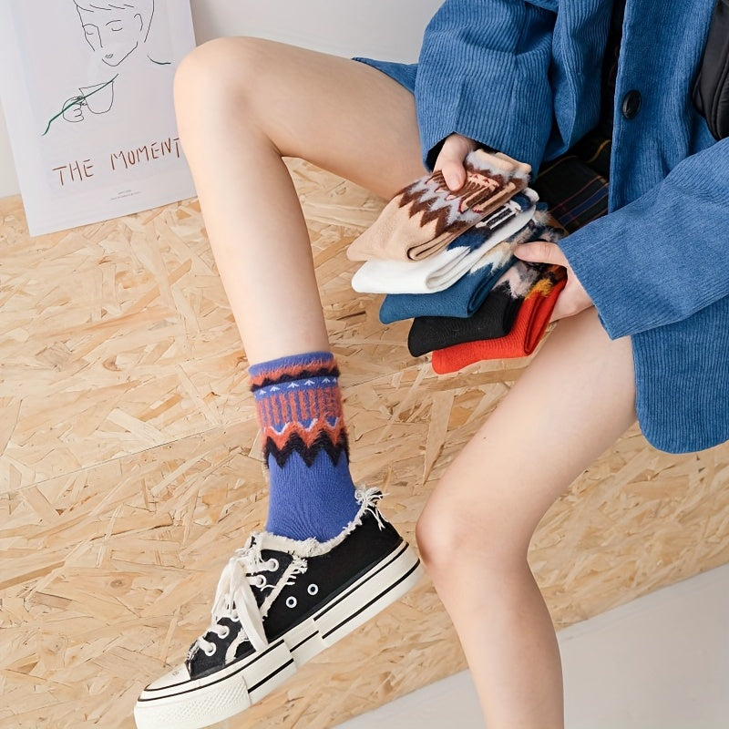 5 Pairs Geometric Pattern Socks Mid Tube Stockings
