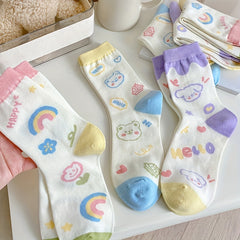 3 Pairs Cartoon Graffiti Mid Tube Socks Women's Stockings