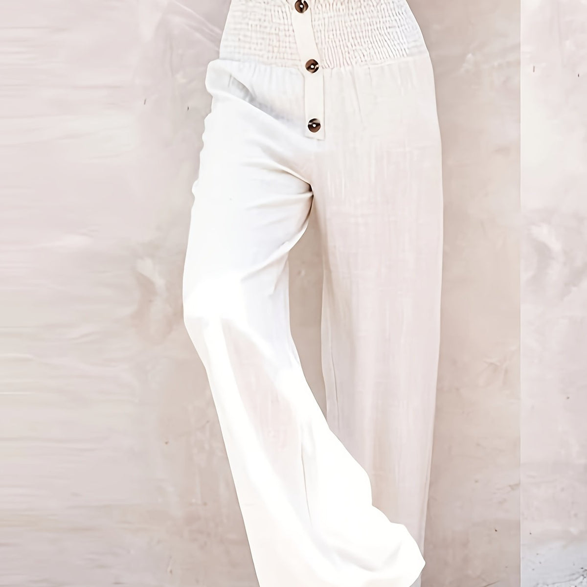  Boho Wide Leg Trousers Shirred Waist Button Decor High Rise