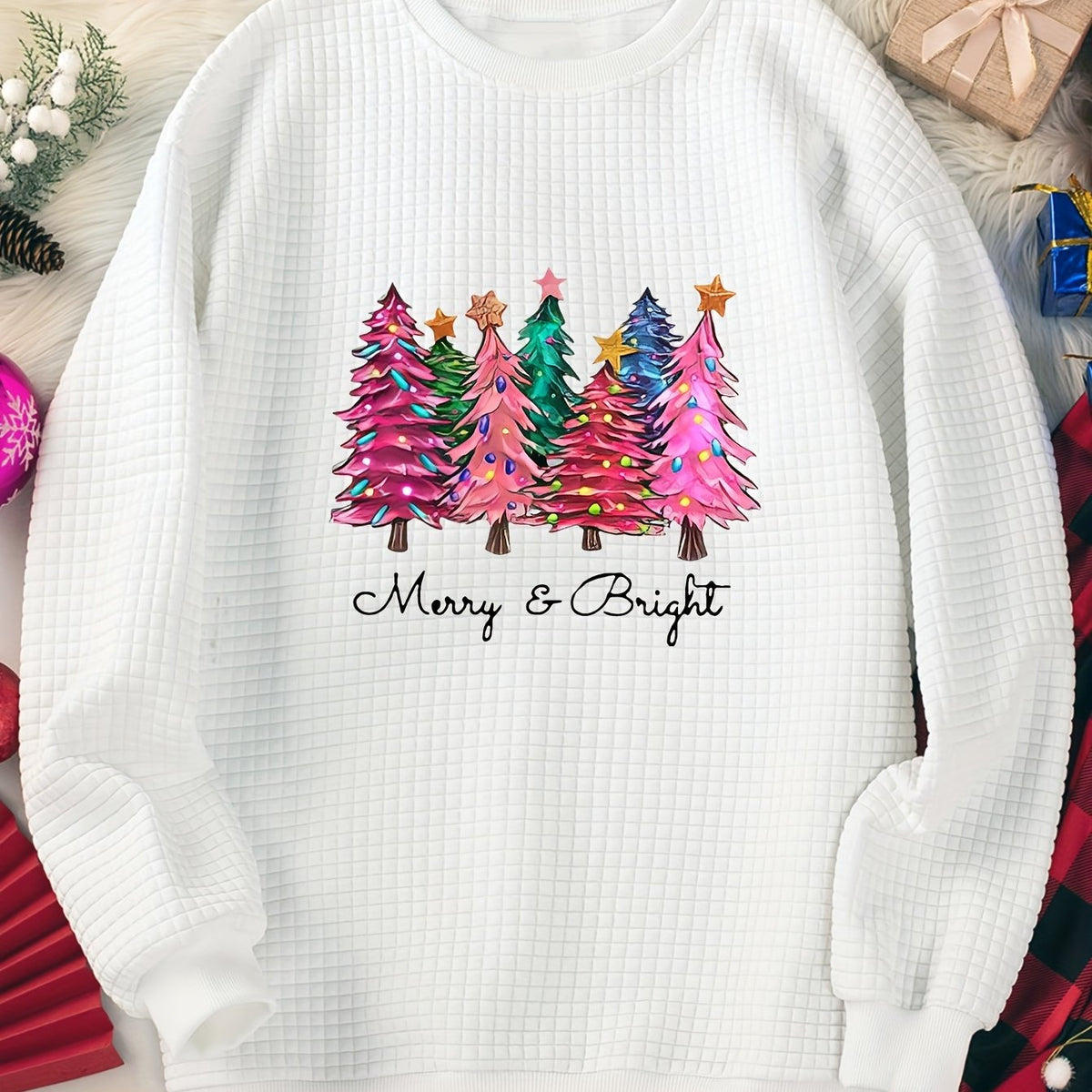 Christmas Lounge Top Women's Plus Colorful Christmas Tree Print