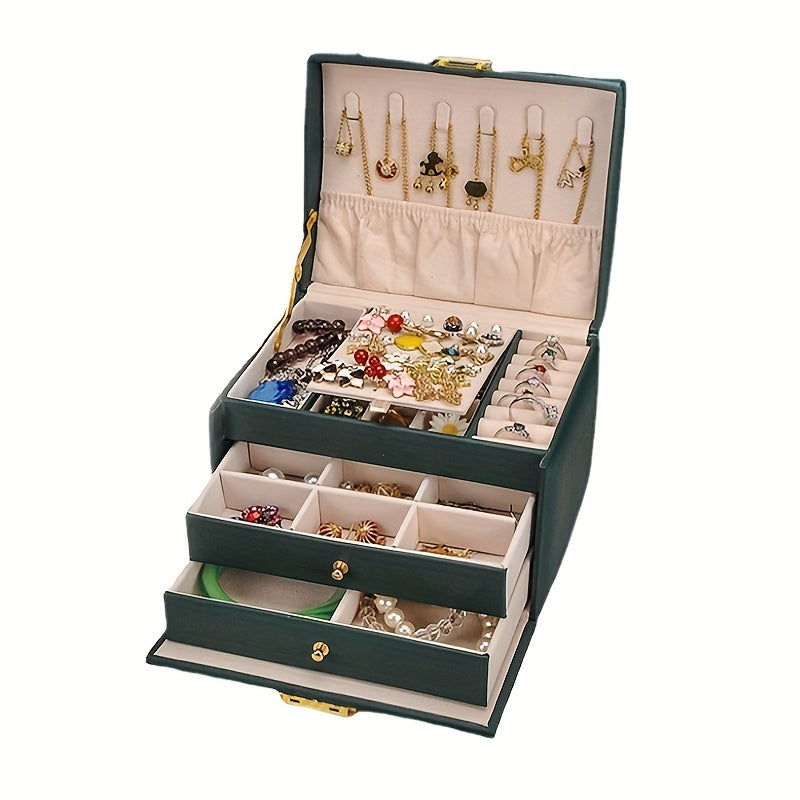 Large Capacity Leather Jewelry Organizer Box 3 Layer Display Case