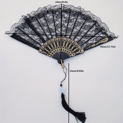 Lace Floral Pattern Folding Fan with Tassel
