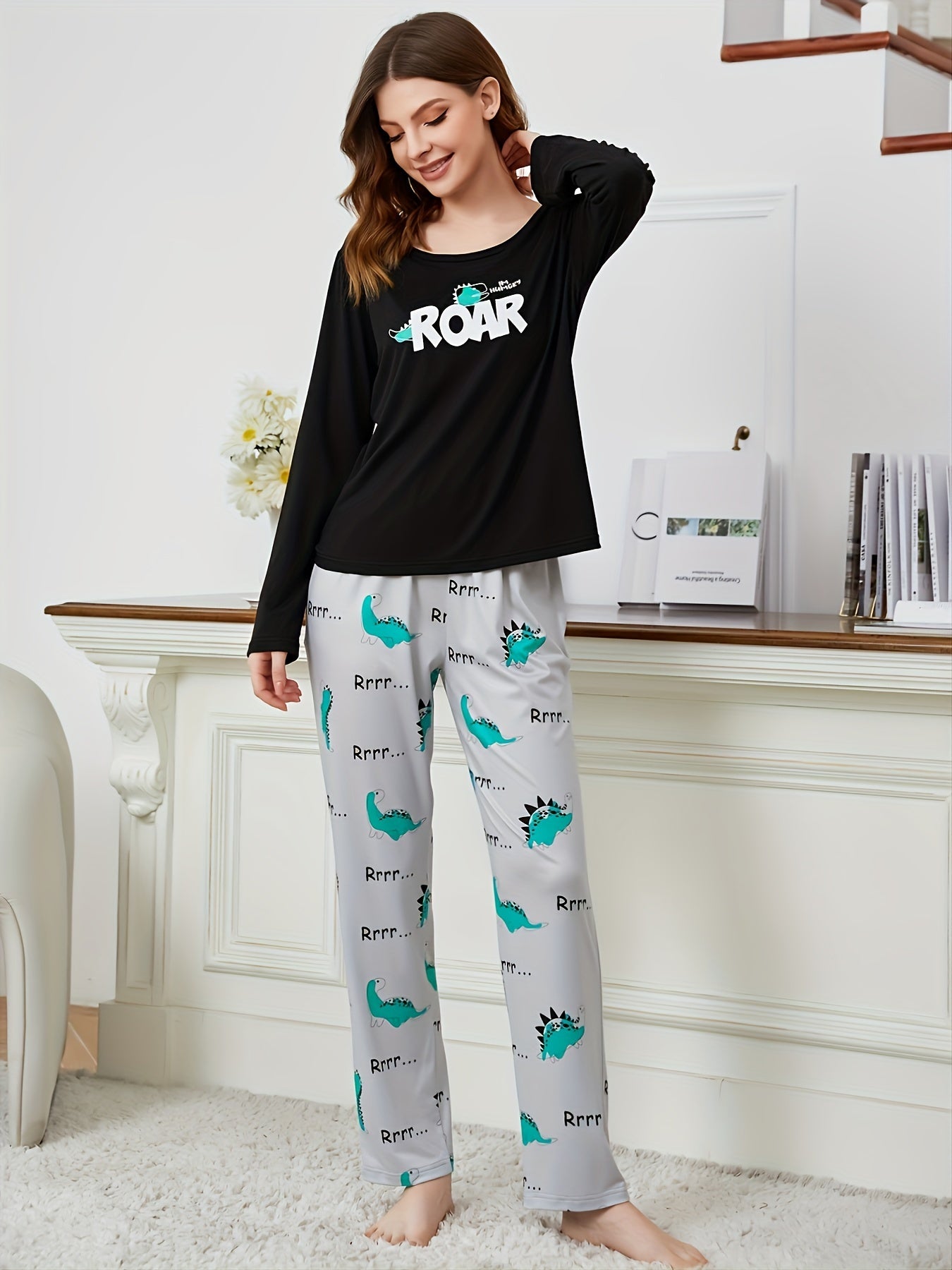 Letter Print Pajama Set Long Sleeve Top & Pants