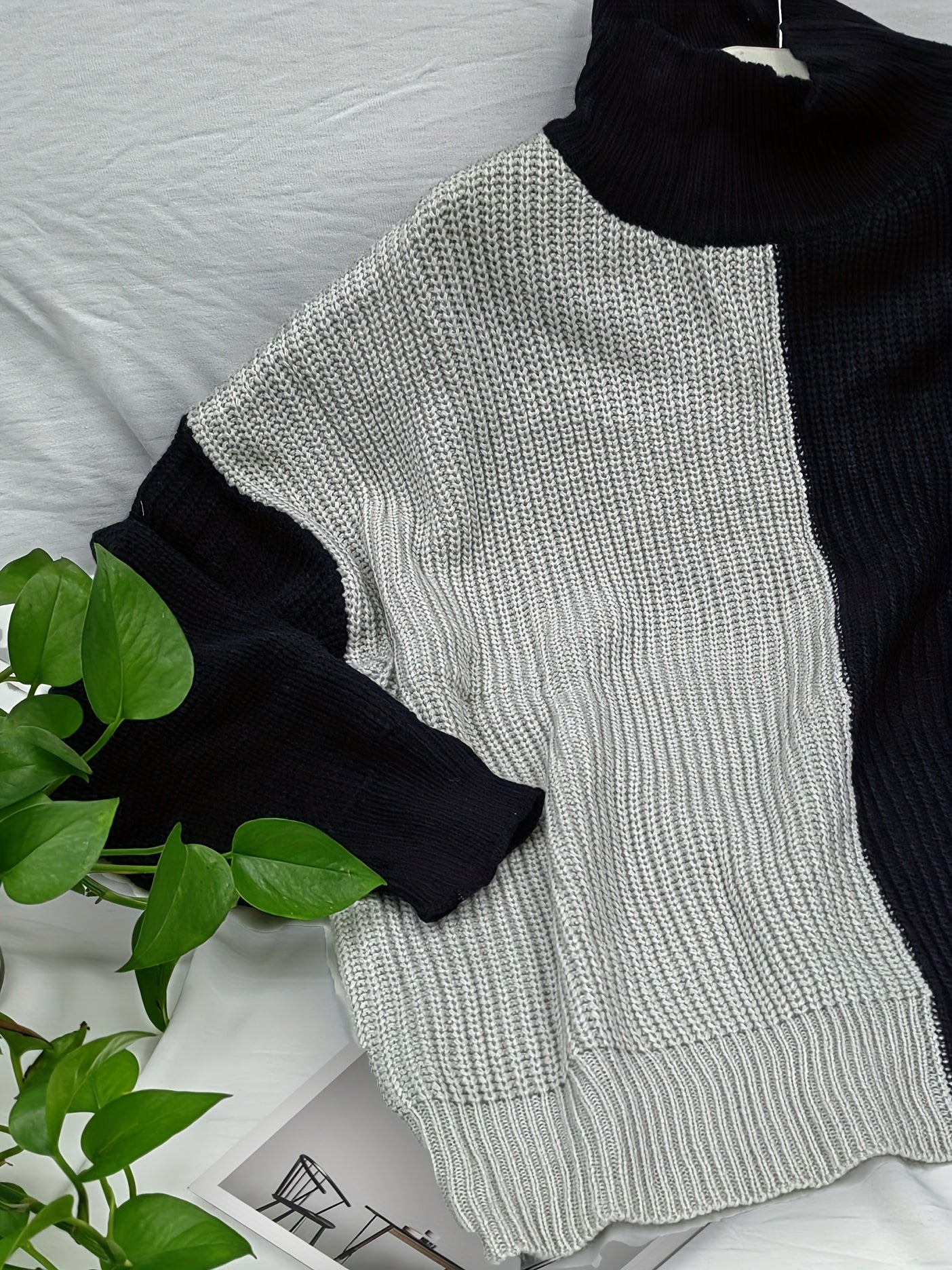  Colorblock High Neck Sweater Women's Plus Medium Stretch