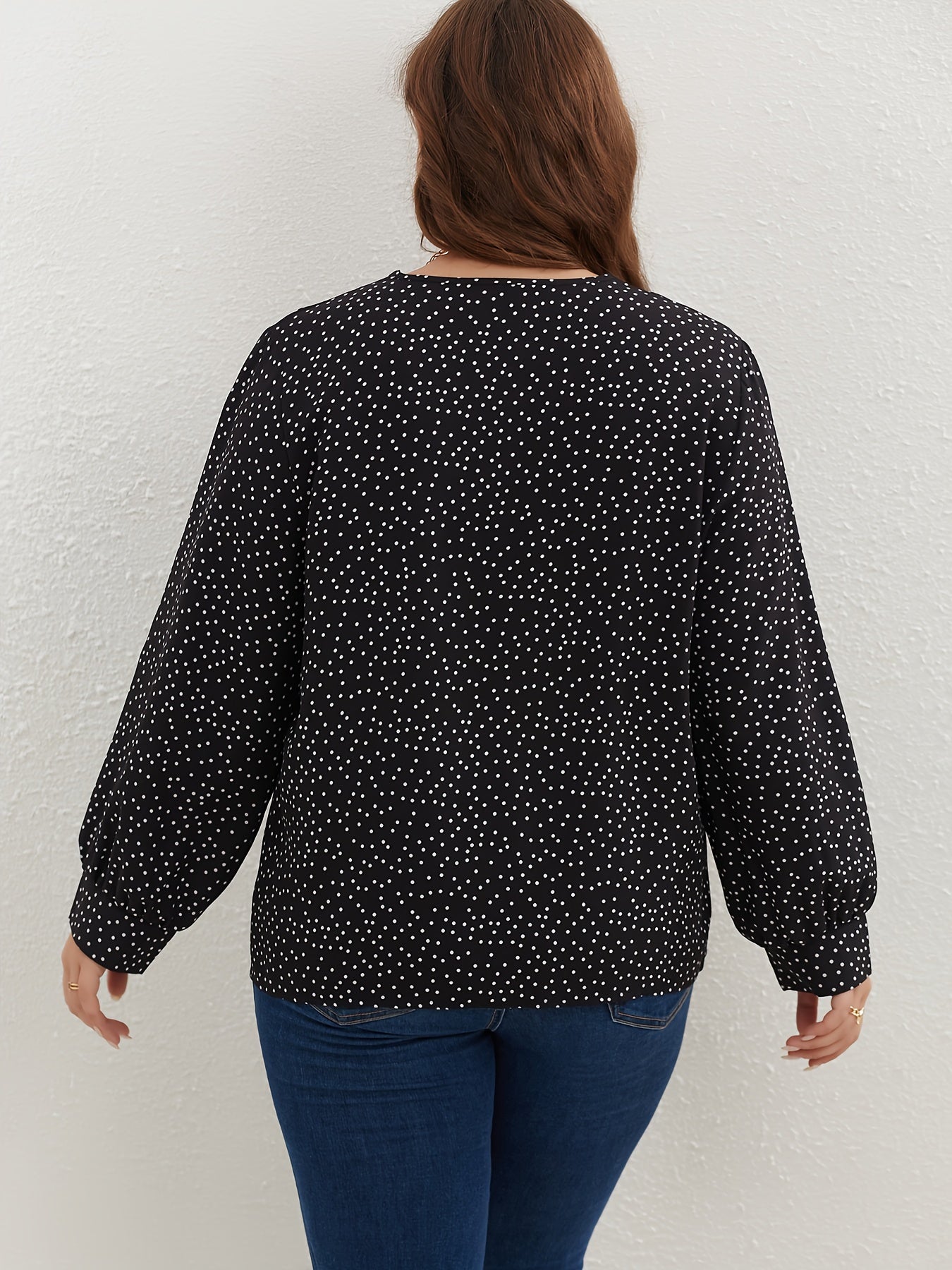  Dot Print Lantern Sleeve V Neck Top