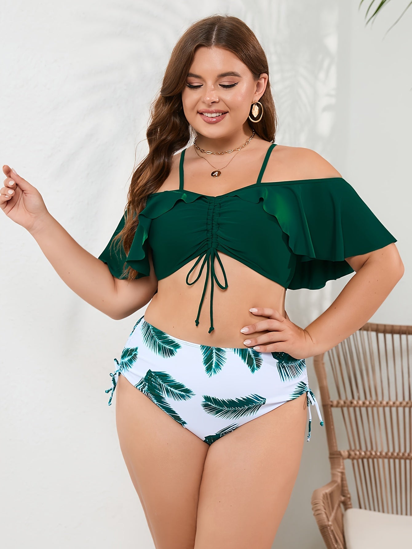  Tropical Print Cold Shoulder Swimsuit Set