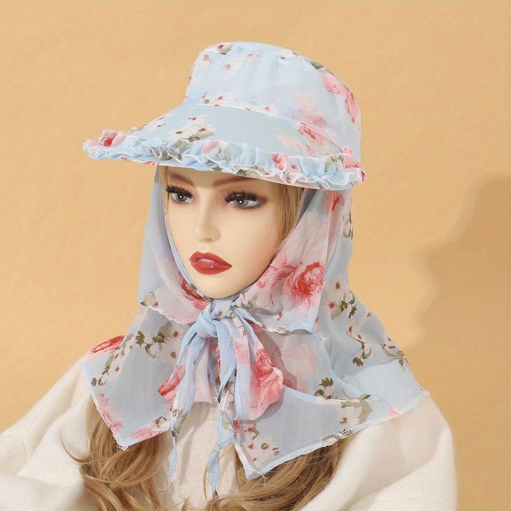 Wide Brim Floral Print Hat with Chiffon Scarf UV Protection Working Cap