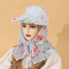 Wide Brim Floral Print Hat with Chiffon Scarf UV Protection Working Cap