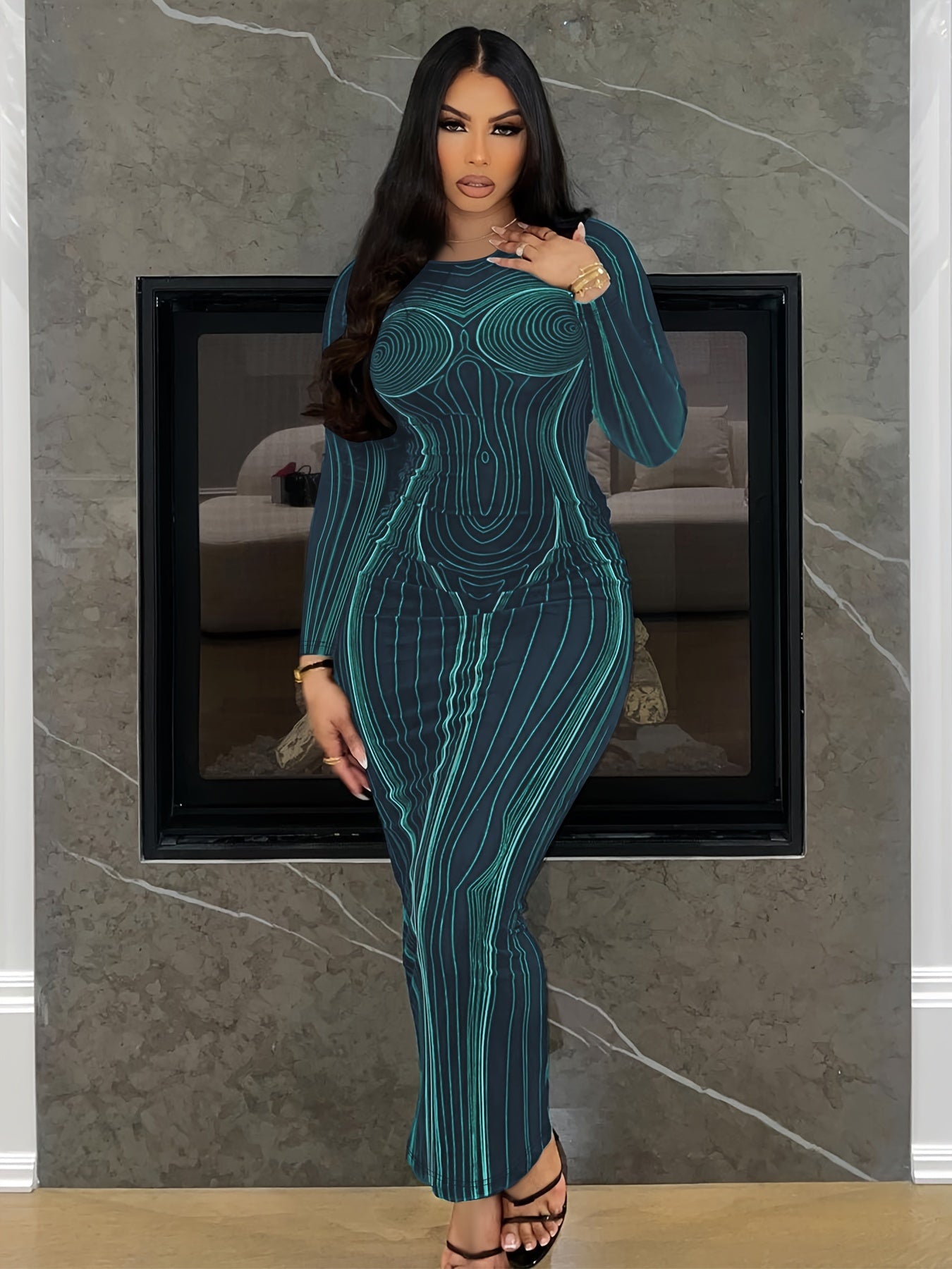  Sexy Stripe Print Long Sleeve Round Neck Maxi Dress