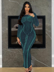  Sexy Stripe Print Long Sleeve Round Neck Maxi Dress