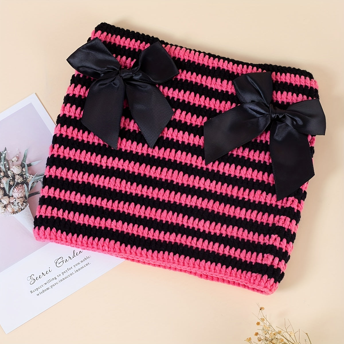 Y2K Striped Cat Ear Beanie Bow Knit Hat Hip Hop Elastic Skull Cap